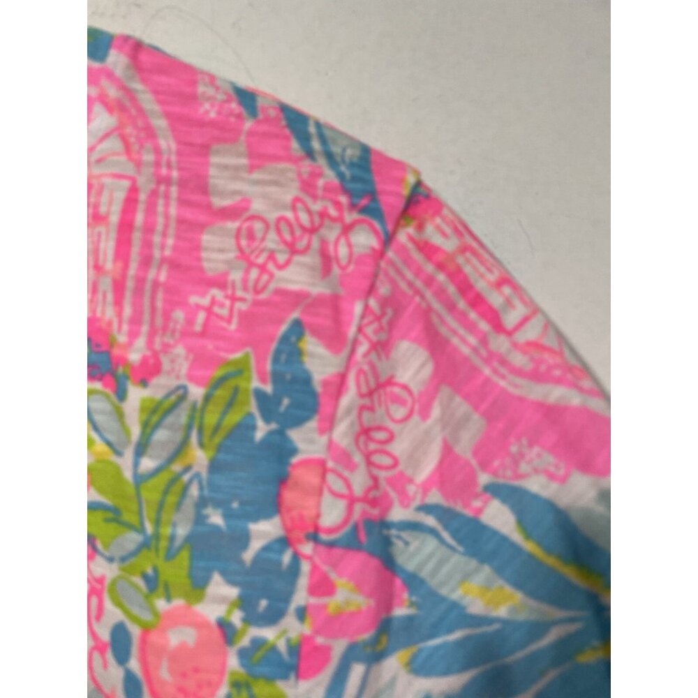 Lilly Pulitzer Etta V-Neck Top Short Sleeve Multi Sunshine State Of Mind Sz L - Picture 5 of 9